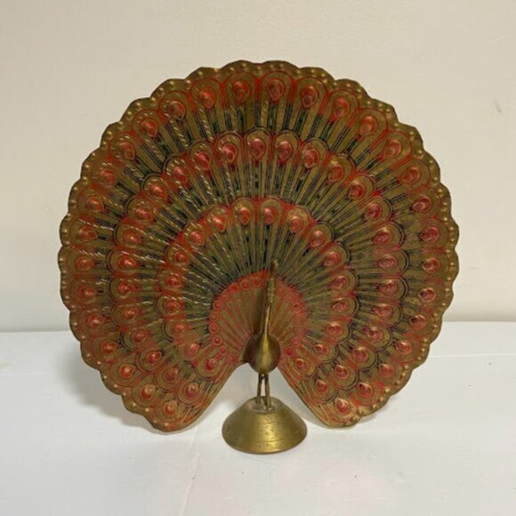Vintage Indian Hand-Etched Red Green Enamel Brass Peacock Figurine 8" - Picture 3 of 12